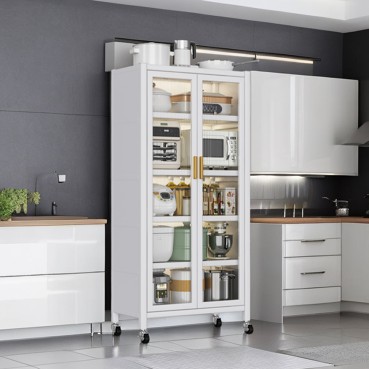 Open-door Kitchen Shelving Floor-to-ceiling Multilevel Household Microwave Storage Cabinet Bowls Side Cabinets Cabinets Storage Cabinets White Color