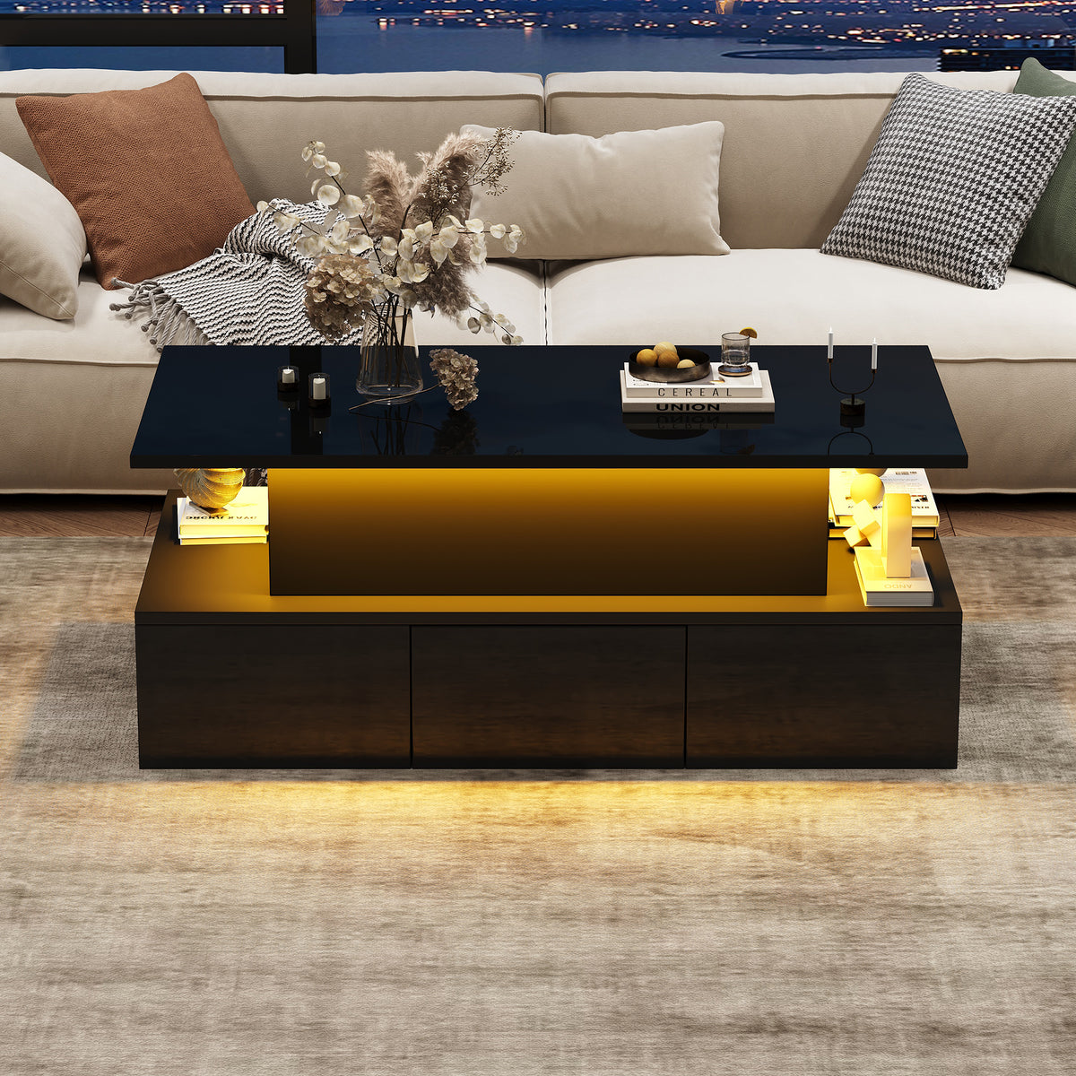 100x50x40cm Liftable Coffee Table With 4 Drawers, High-gloss Side Table With LED Lighting, Sofa Table, Coffee Table, Living Room Table With Hidden Storage, Black, MDF