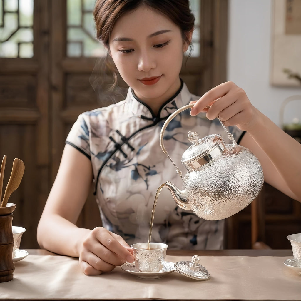 Pure 999 Fine Silver Handcrafted Hammered Silver Teapot with Rattan-Wrapped Handle and Filigree Finial - Handicraft