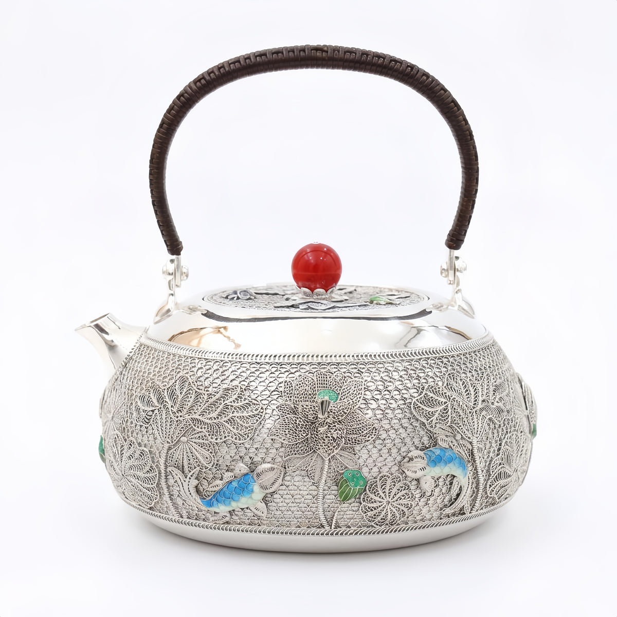925 Sterling Silver Elegant  Teapot with Intricate Lacework and Enamel Art Featuring Birds and Flowers-Fine Filigree Teapot - Handicraft