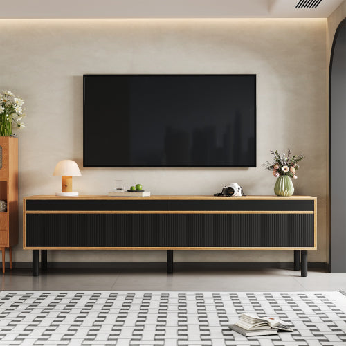 TV Cabinet, TV Table, TV Panel, Low Cabinet With Four Doors. Fine Texture. Black And Wood Color.