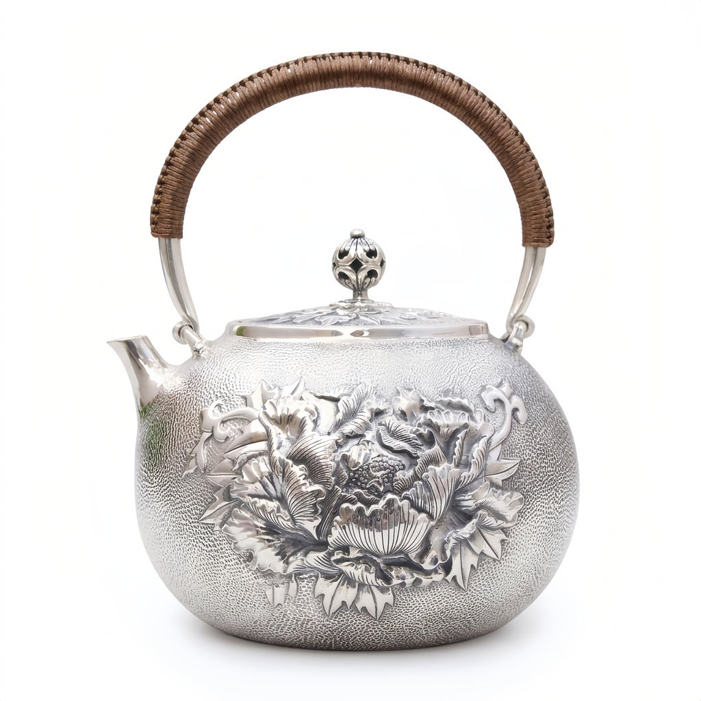 Pure 999 Fine Silver Elegant  Teapot with Intricate Floral Embossing and Woven Handle-Fine large teapot - Handicraft