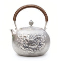 Pure 999 Fine Silver Elegant  Teapot with Intricate Floral Embossing and Woven Handle-Fine large teapot - Handicraft