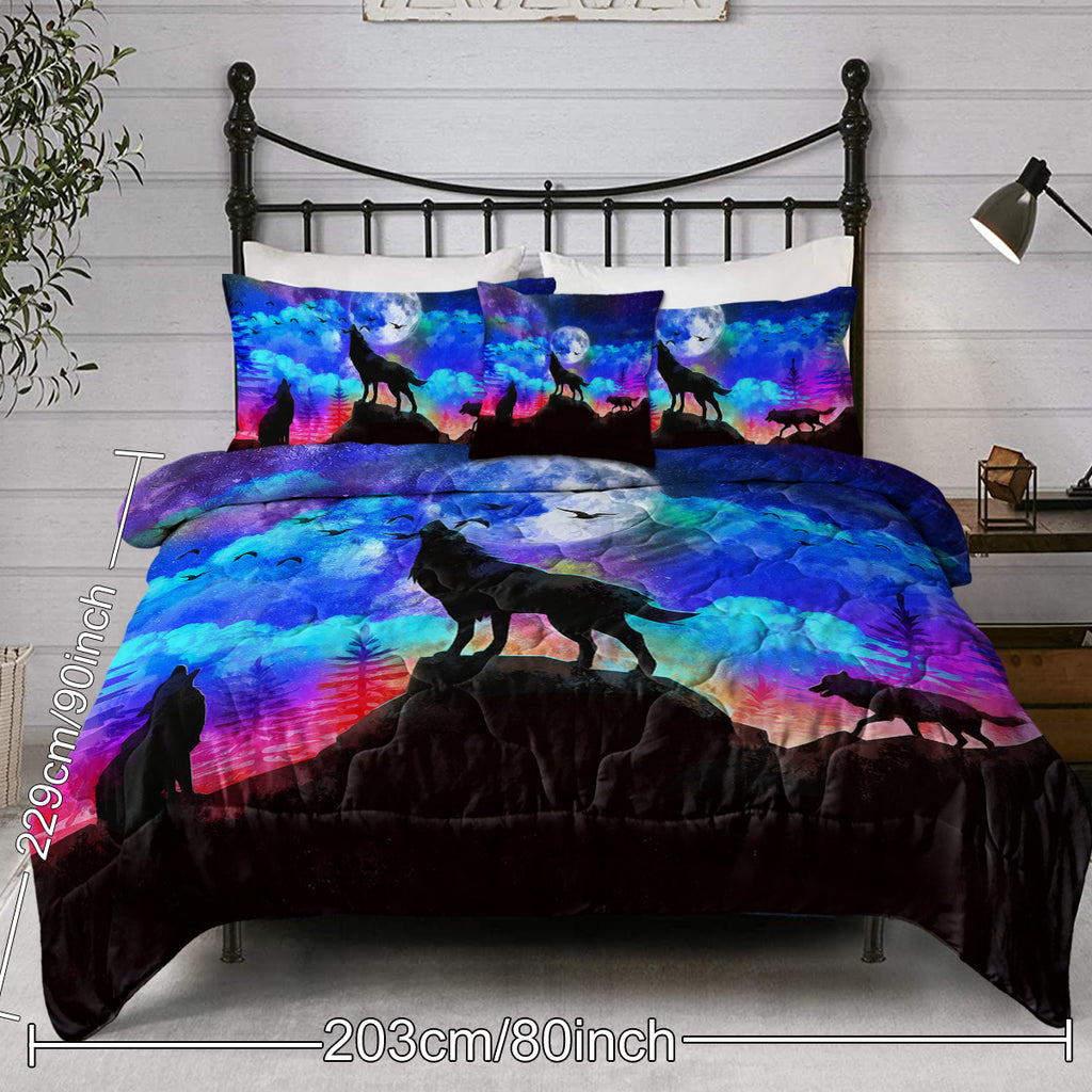 Galaxy Comforter Set Men 3D Wolf Bed Comforter Set 4 Piece Wolves Howling Bedding For Boys Retro Oil Painting Design Purple Blue And Black Bedding Set Queen King Size