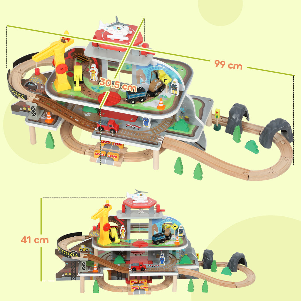 79 Piece Wooden Train Set, Kids Train Track Mine Themed With Crane, Helicopter