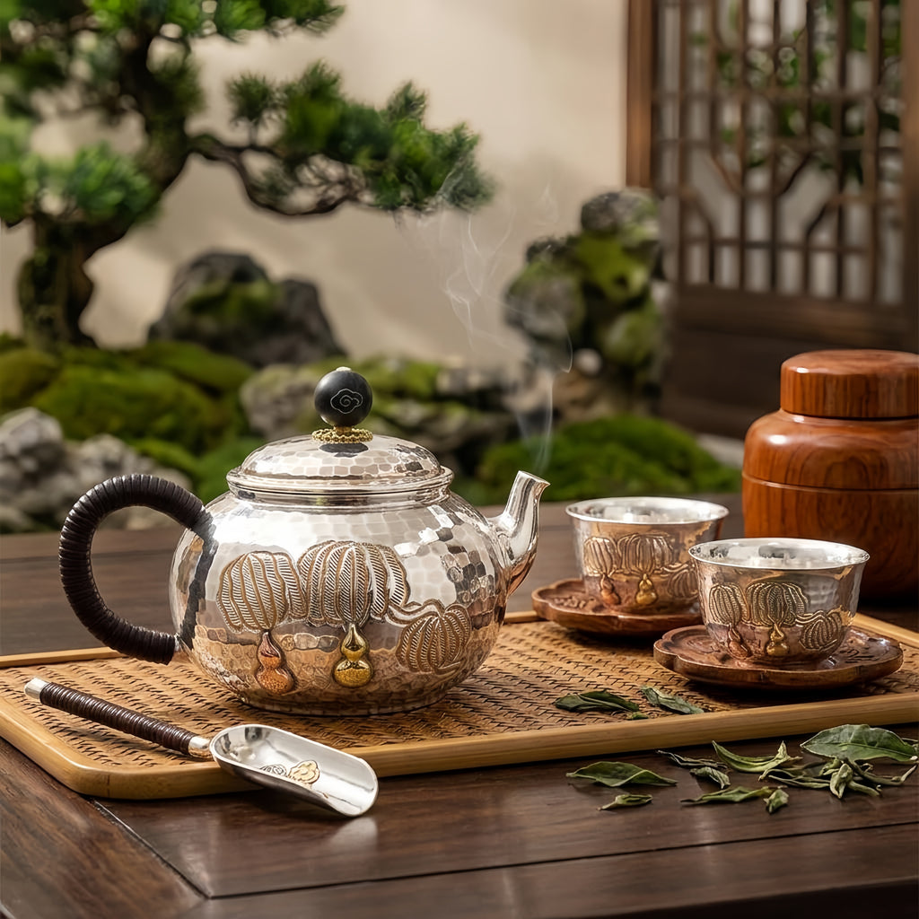Pure 999 Fine Silver Exquisite Handcrafted Silver Teapot with Hammered Texture and Traditional Gourd Accents - Handicraft