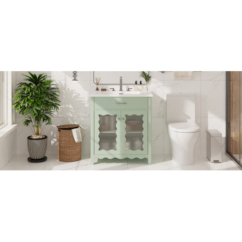 31 Bathroom Vanity With Tempered Glass, Modern Bathroom Cabinet With Rubber Wood Legs And Soft Close Doors, Green