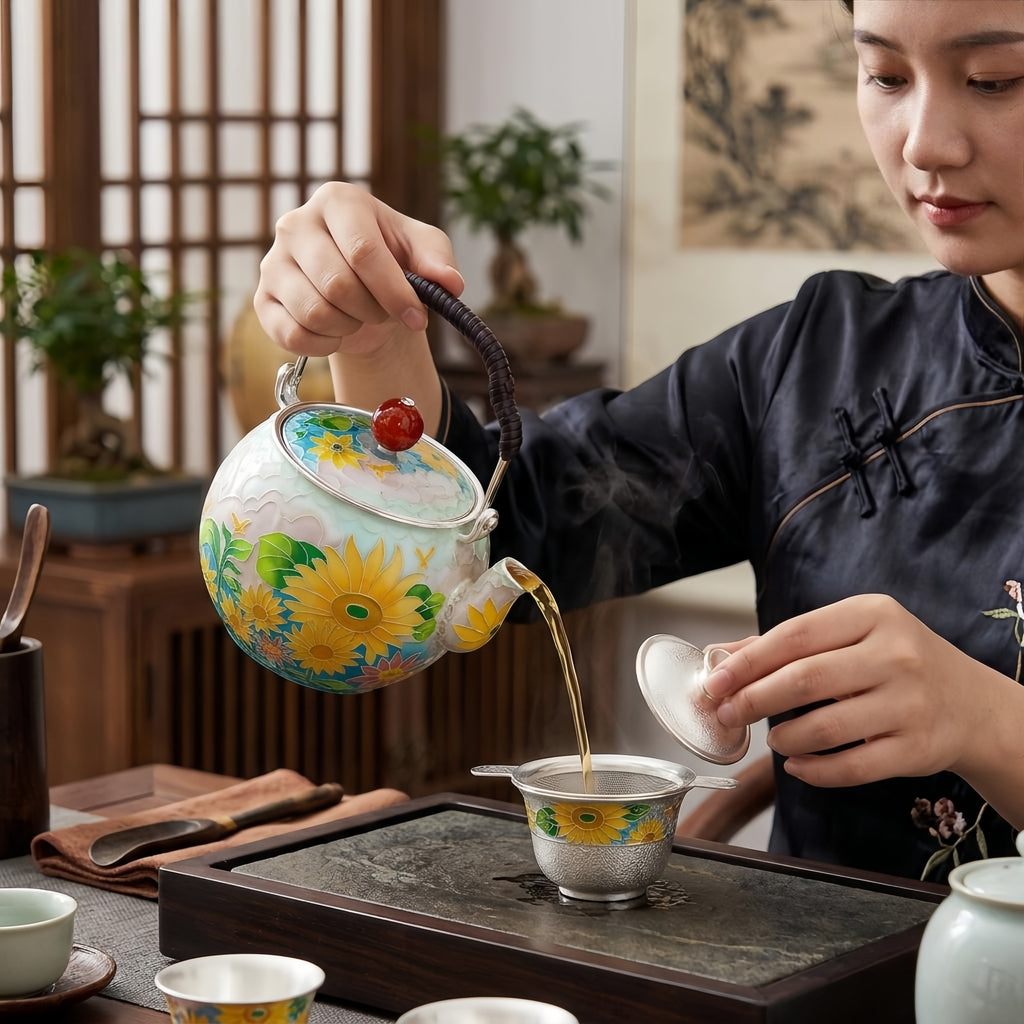 Pure 999 Fine Silver Handcrafted Floral Cloisonné Teapot with Vibrant Sunflowers and Decorative Red Lid Knob - Handicraft