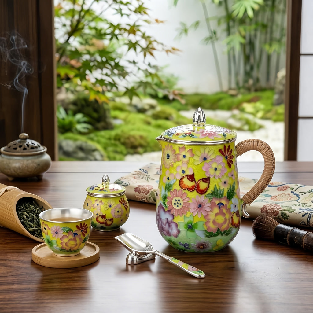 Pure 999 Fine Silver Hand-Painted Floral Enamel Lidded Mug with Woven Rattan Handle - Handicraft