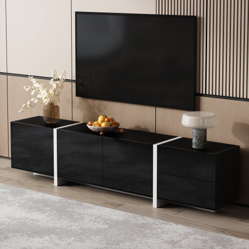TV Cabinet, Black High-gloss Cabinet And White Contrasting Table Legs, With Simple Cabinet Doors And Drawers.