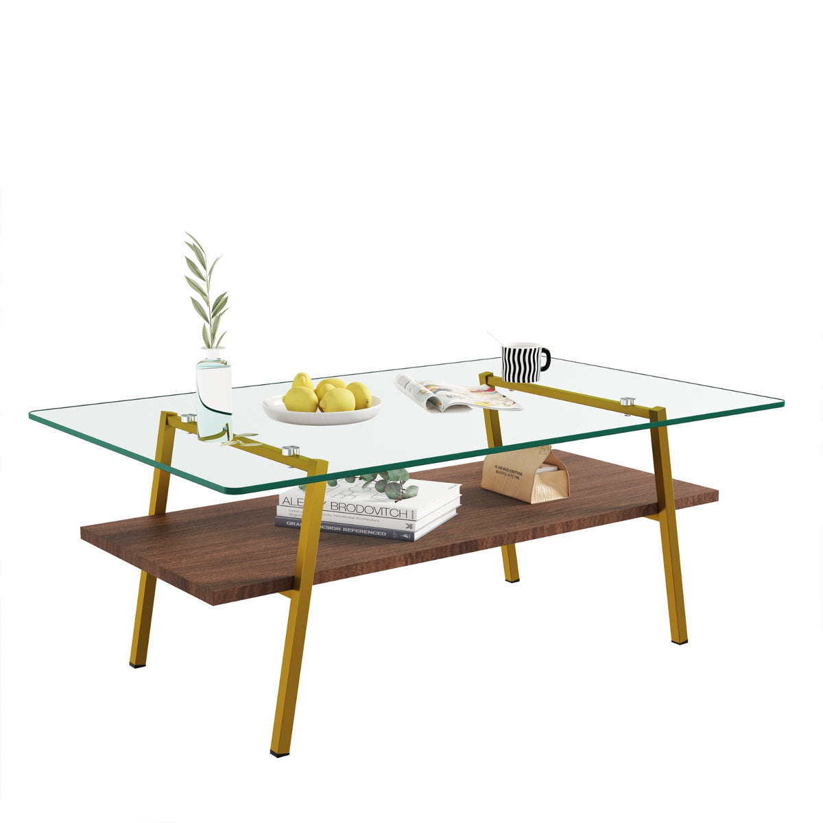 Rectangle Coffee Table, Tempered Glass Tabletop With Gold Metal Legs, Modern Table For Living Room