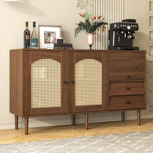 Country-Style Sideboard With Rattan Doors  130 X 75.5 X 40 Cm  Magnetic Closure, Adjustable Shelves, Sturdy Structure  Elegant And Versatile Design