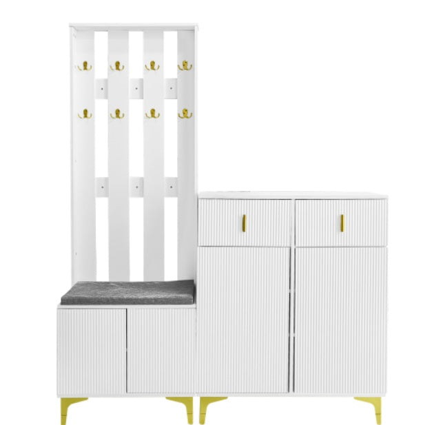 Wardrobe Set With Shoe Bench And Cushion, Wardrobe Front With Hooks, Shoe Cabinet With Drawers And Doors