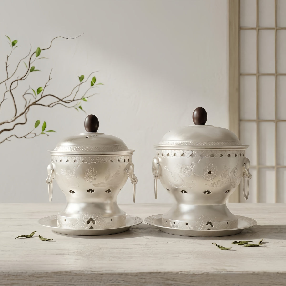 925 Sterling Silver Exquisite Silver-Toned Dragon Engraved Incense Burners Set with Intricate Details and Matching Platters - Handicraft