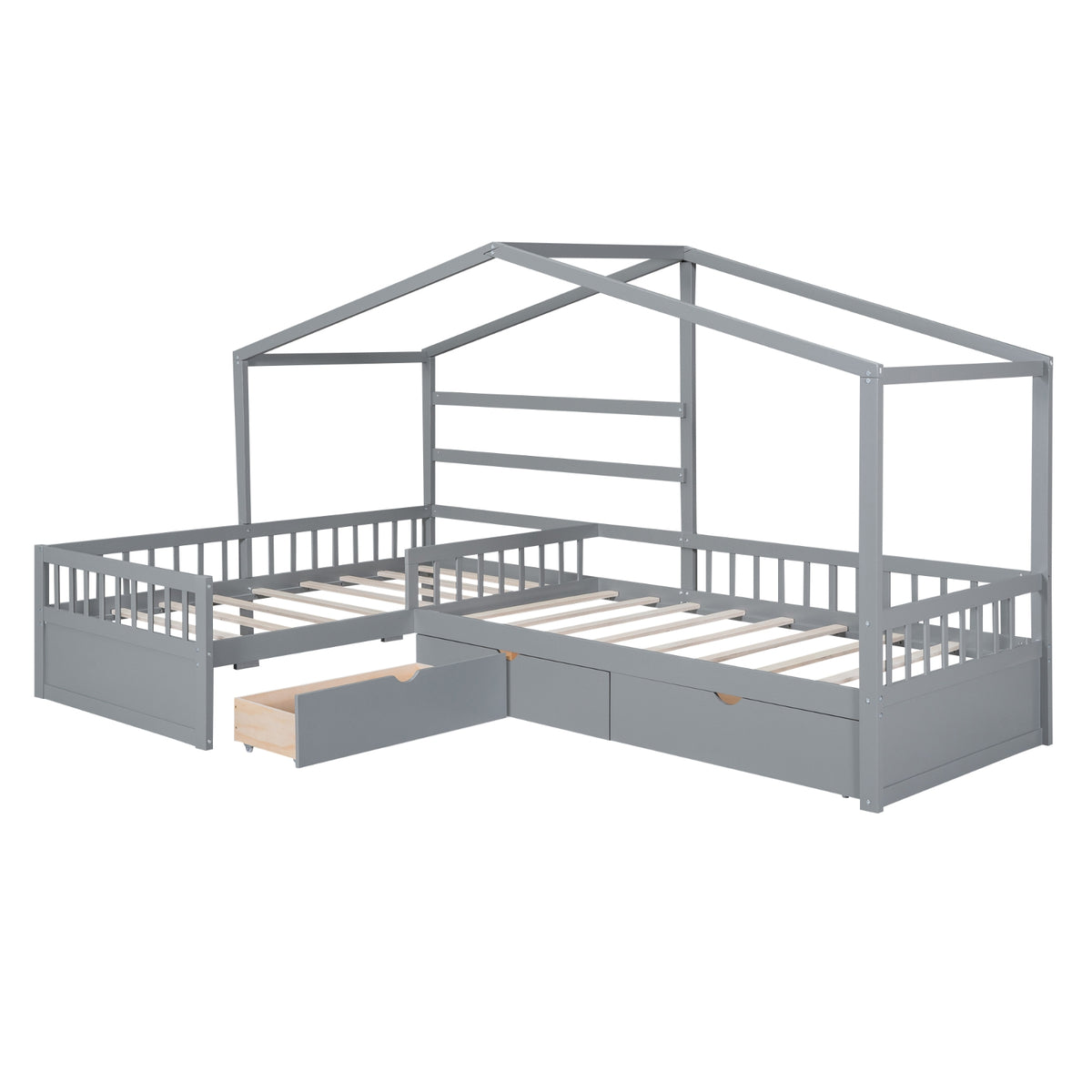 Twin Size House Platform Bed With Three Storage Drawers,Gray