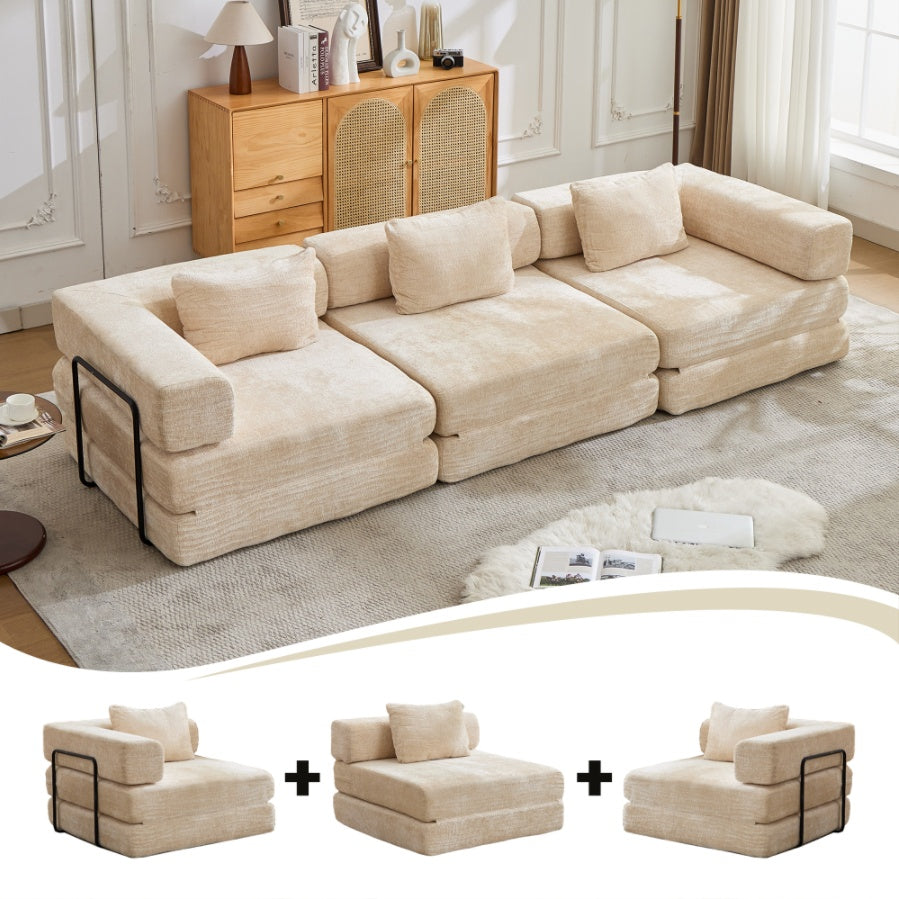 Compression Sofa,Convertible Floor Sofa Bed With Fixed-Shape Frame, Boneless Modular Sectional Sofa,No Assembly Required,Chenille Fabric,for Living Room Bedroom,Beige