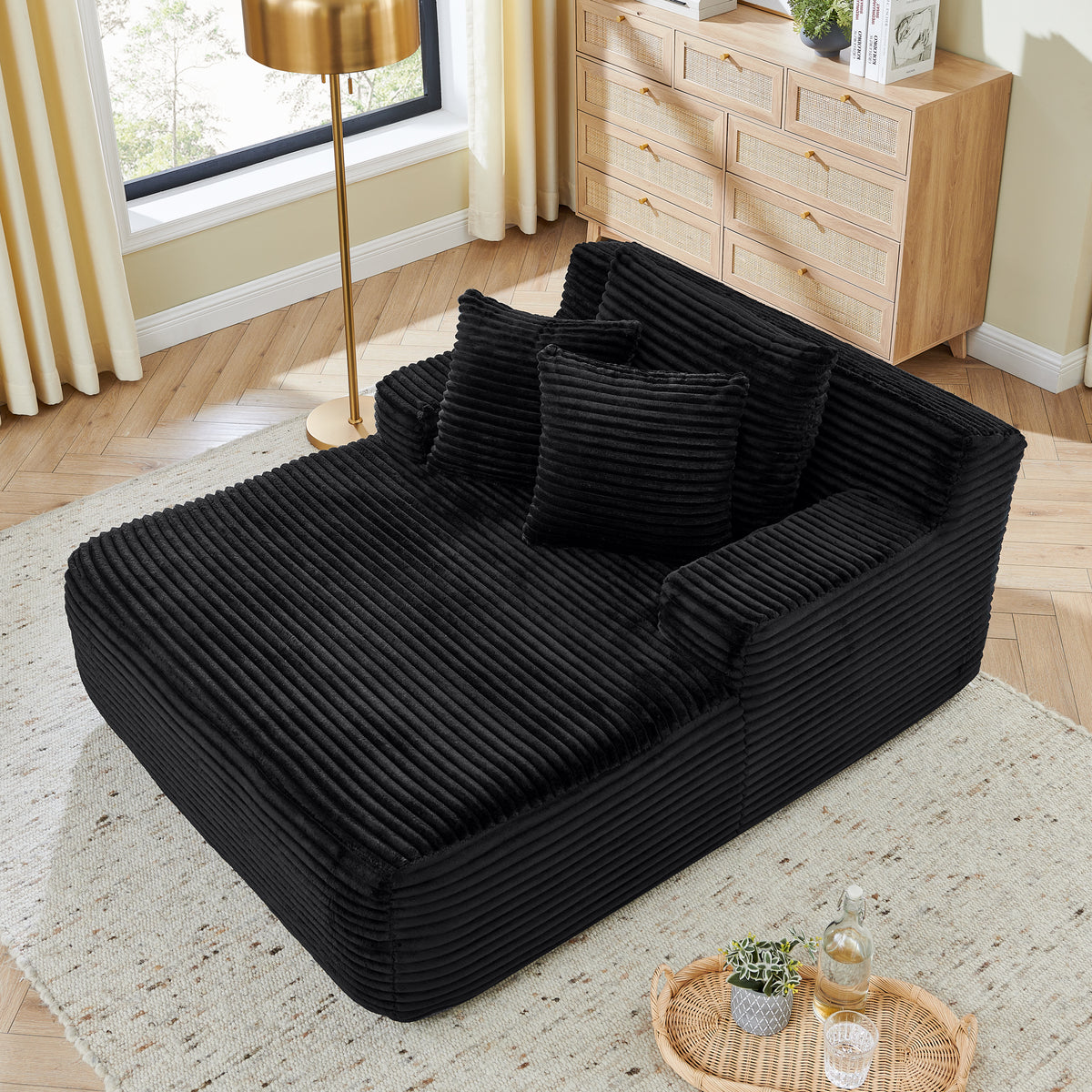 Single Lazy Sofa Lounge Chair, No Assembly Required, Made Of Velvet Fabric, Fluffy Modern Single Lounge Chair, Used For Indoor Living Rooms And Bedrooms-Black