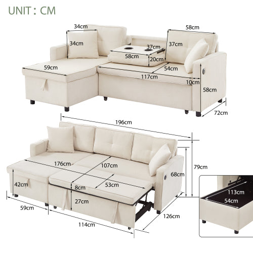 L-Shaped Pull Out Sleep Sofabed, Modern Reversible Sleeper Sectional Sofa, 3 In 1 Convertible Sofa Bed With Storage Chaise, Drop-Down Table, Cup Holders And Charging Ports