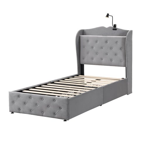 Upholstered Bed, Storage Bed, 3FT Single Bed 90x190cm, With 4 Drawers And Lamp, 3 USB Port 1 Type C, Durable And Sturdy, Youth Bed, For Adults  Teenagers, Velvet, Grey