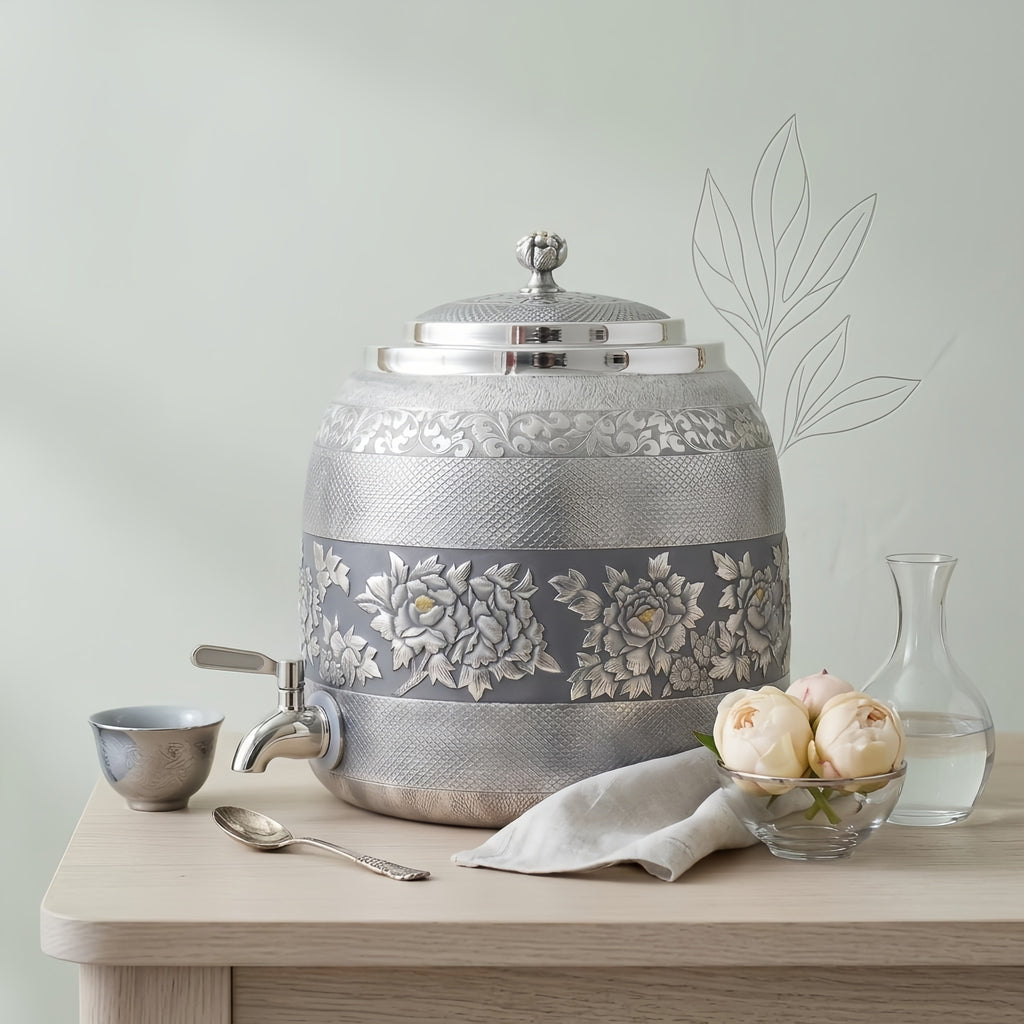 925 Sterling Silver Ornate Silver-Tone Beverage Dispenser with Hand-Engraved Floral Patterns and Decorative Spout - Handicraft