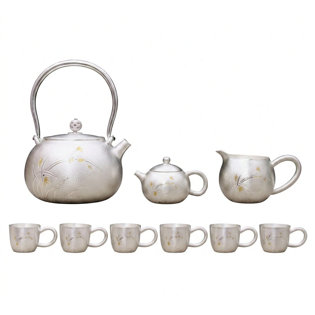 925 Sterling Silver Elegant  Tea Set with Traditional Floral Design and Wooden Stands - Handicraft