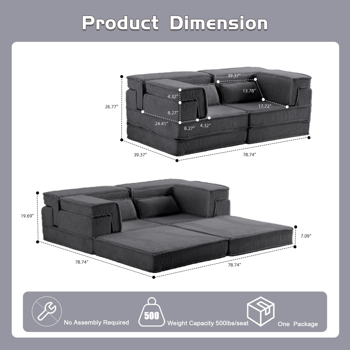 Compression Mahjong Sofa,Convertible Floor Sofa Bed,DIY Boneless Modular Sectional Sofa,No Assembly Required,Circle Fleece Fabric,Modern Oversized Loveseat,Dark Grey