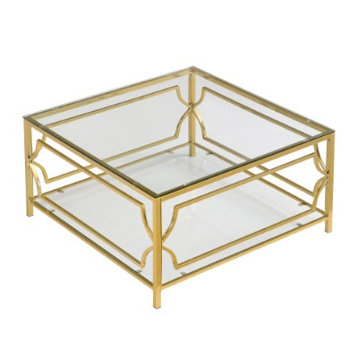 Square Glass Coffee Table In 33.5 ,Luxurious Geometric Metal Frame,Gold Finish  Lower Shelf