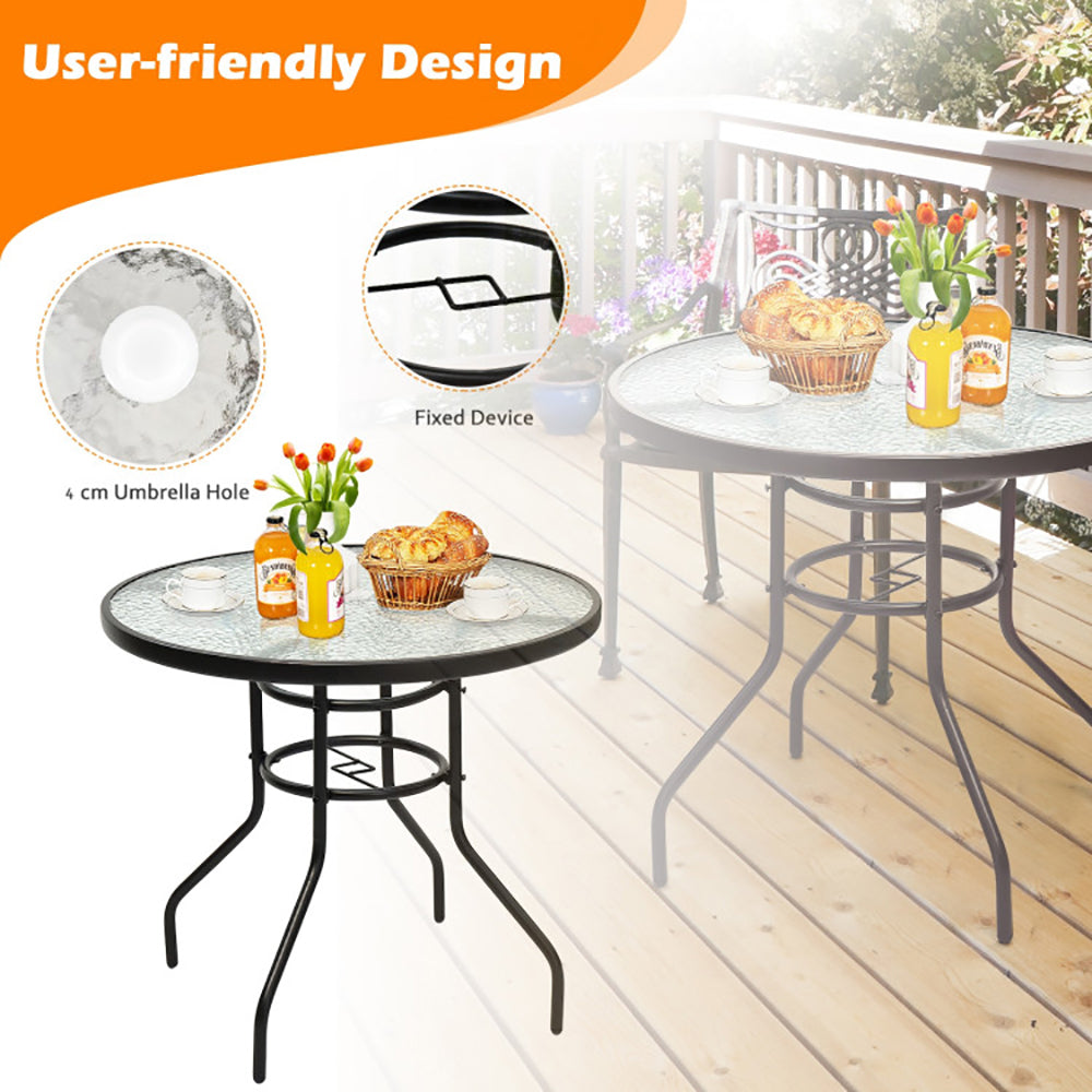 32 Inch Patio Tempered Glass Steel Frame Round Table With Convenient Umbrella Hole