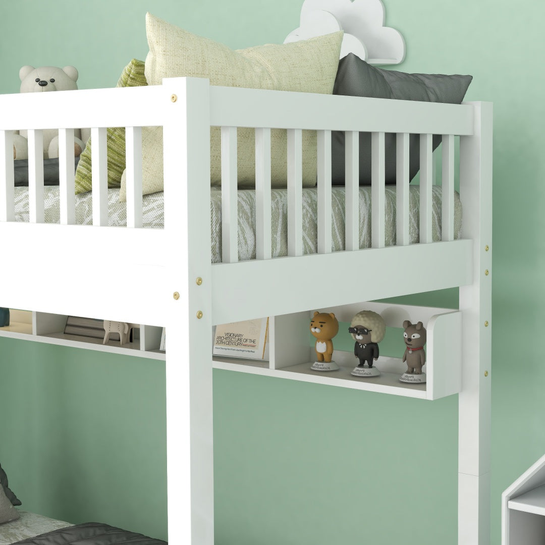 Bunk Bed, Kids Children, 3FT Solid Pine Wood Single Bed Frame & Under Bed Slide Drawer Storage, With Shelf, White 90x190cm
