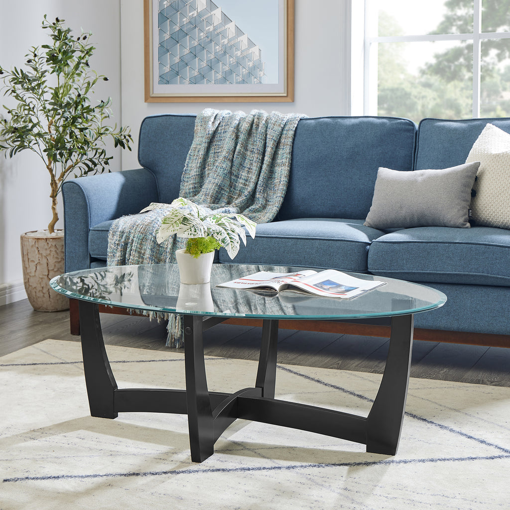 48 Inch Oval Glass Coffee Table, Black Round Coffee Table Center Table With Glass Top, Small Coffee Table For Living Room, Office And Apartment
