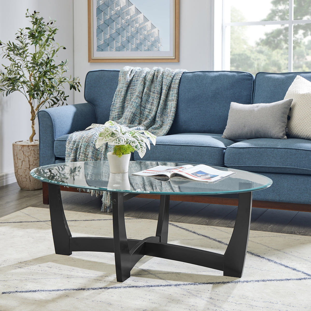 48 Inch Oval Glass Coffee Table, Black Round Coffee Table Center Table With Glass Top, Small Coffee Table For Living Room, Office And Apartment