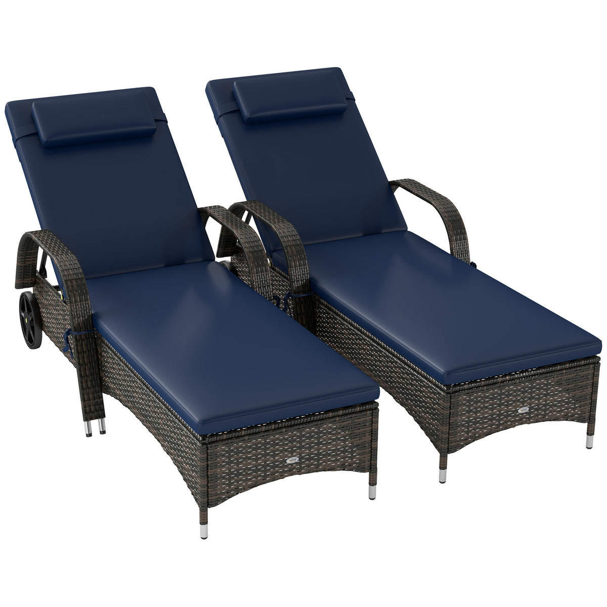 2 Reclining Chaise Lounge Chairs, Rolling Outdoor Chairs With Cushion, Pillow, Headrest, Armrests, And Wheels, Dark Blue
