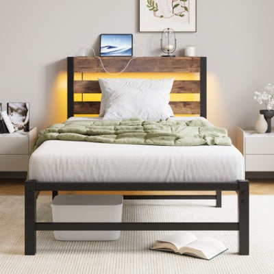 Twin Size Bed Frame Heavy Duty Platform Bed Frame With Headboard, USB Charging Station, LED Bed, No Box Spring Needed, Mattress Foundation, Strong Steel Slats, Noise Free, Brown