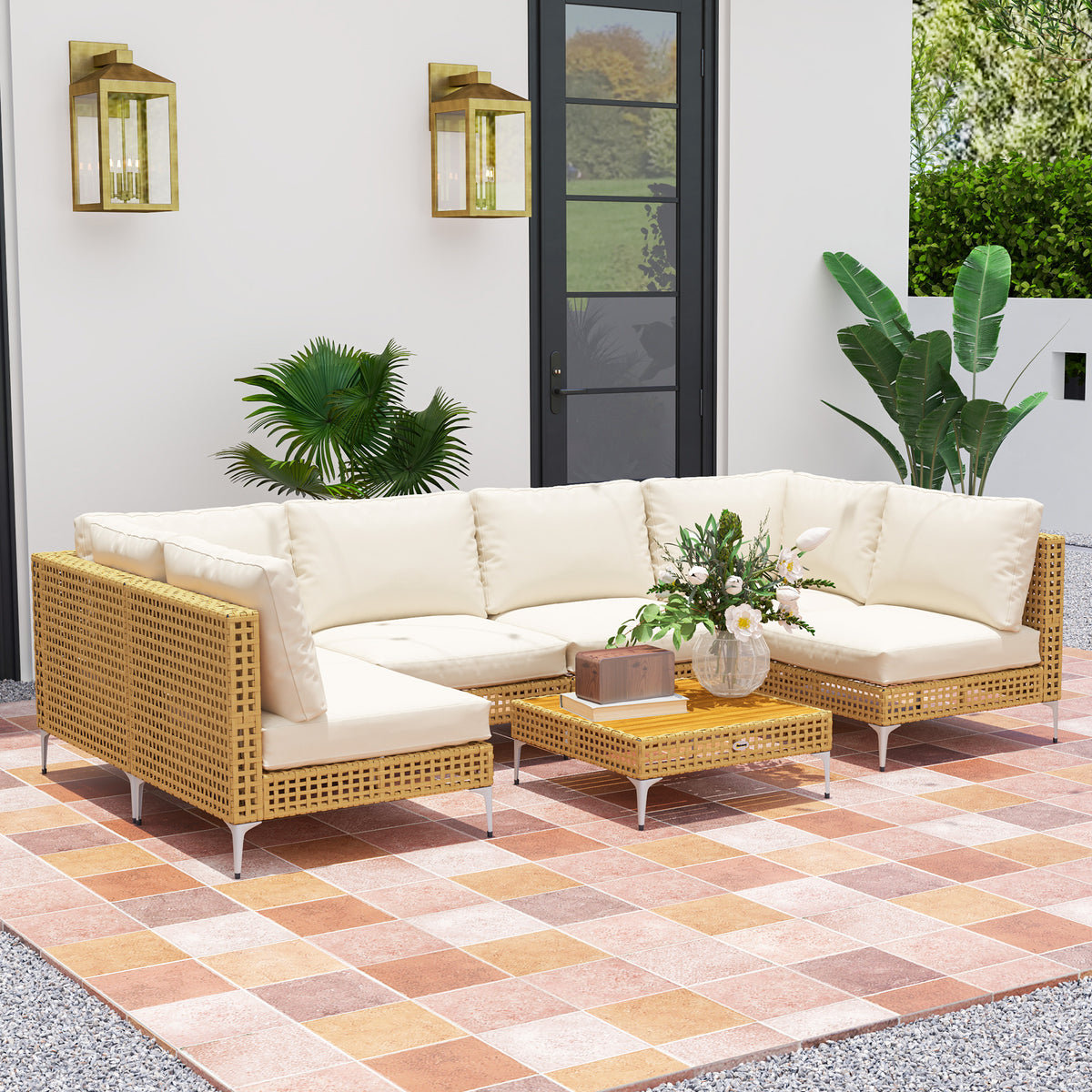 7 Piece Wicker Patio Furniture Set, Modular Outdoor Sectional with Thickened Cushions, Acacia Wood Table, Khaki/Beige