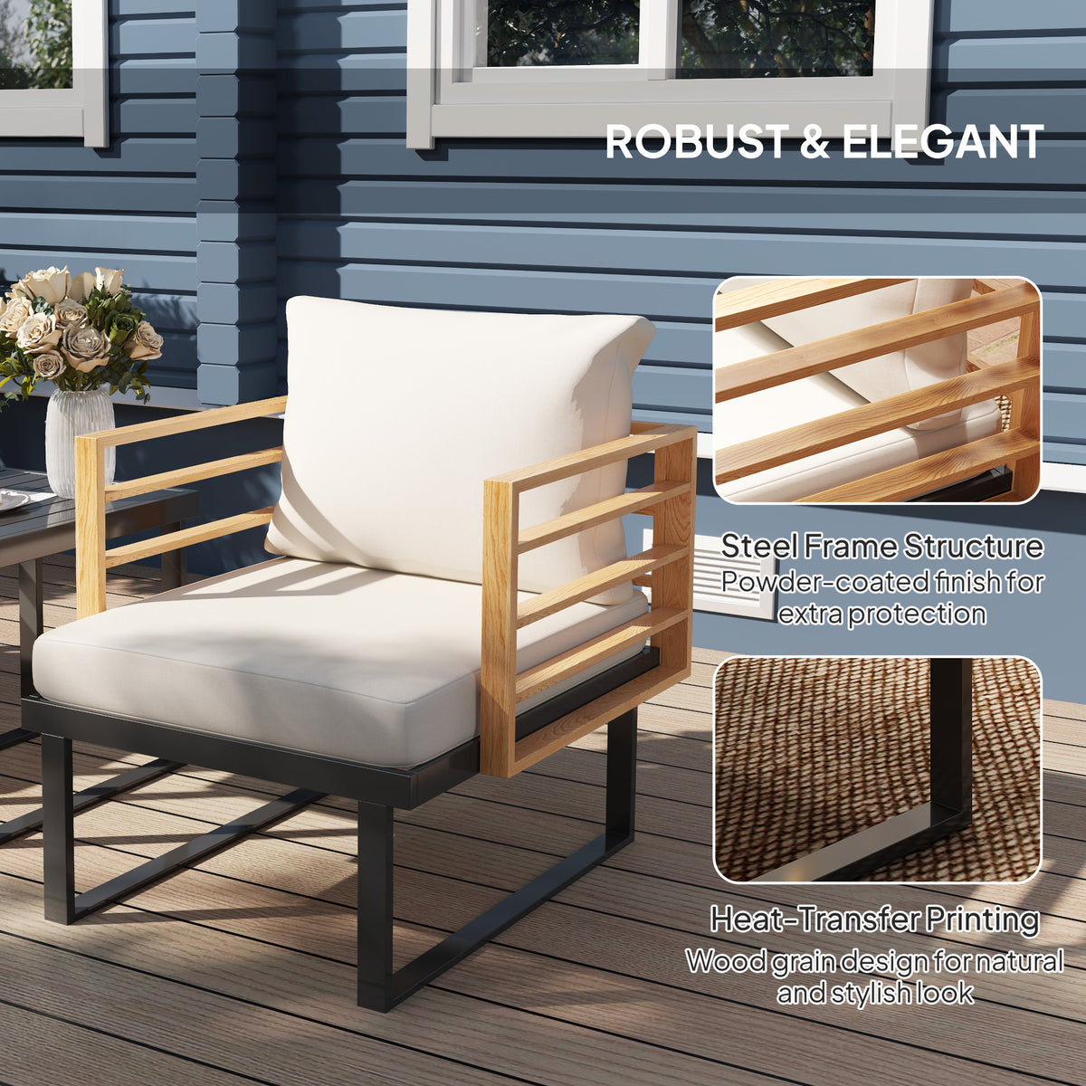 3 Piece Metal Bistro Set, Small Patio Furniture Set With Cushions, Armchairs, Slatted Table For Backyard Balcony, Beige