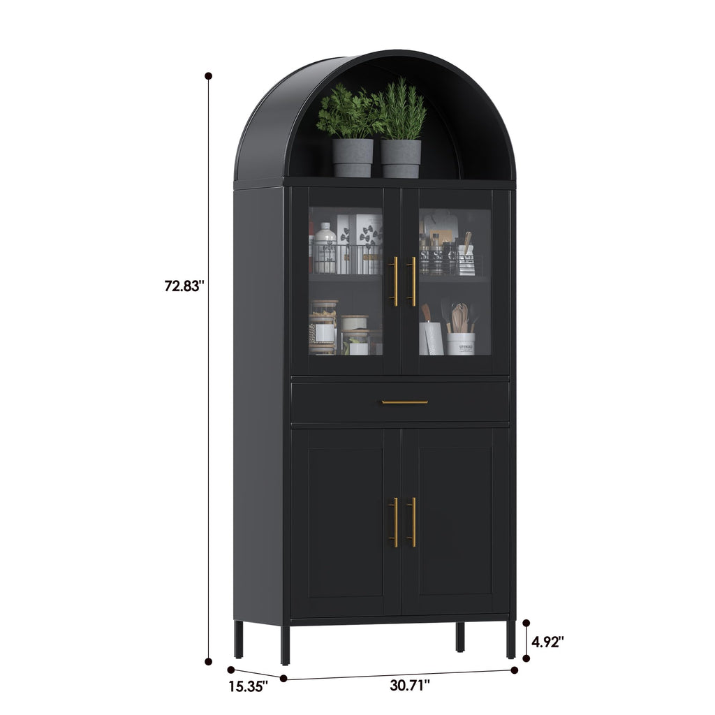 73 Inch Metal Tall Arched Display Cabinet, Metal Arched Bookshelf With Doors,Shelves,Drawers, Modern Freestanding Bookcase For Home Office Bar Living Room ,Black