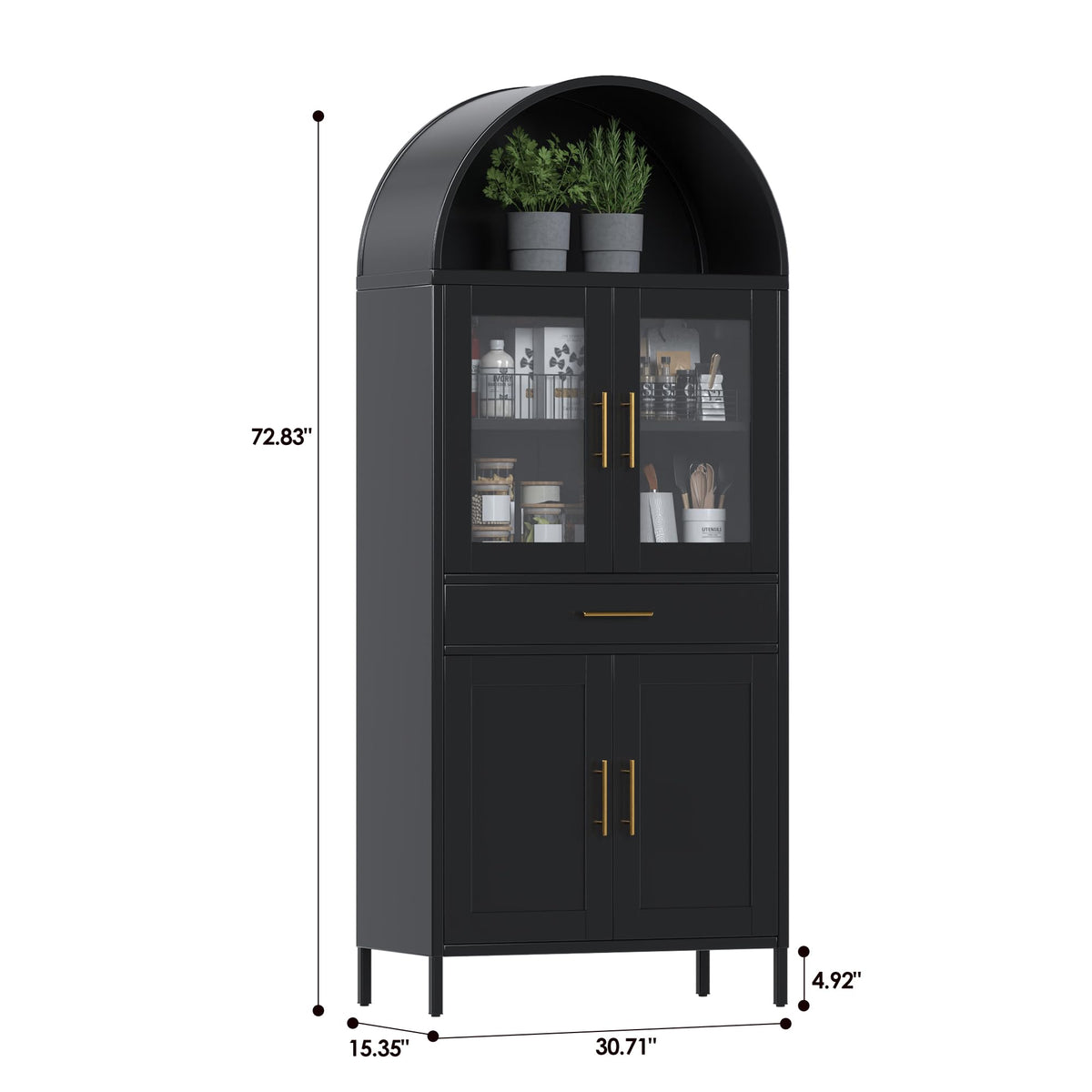 73 Inch Metal Tall Arched Display Cabinet, Metal Arched Bookshelf With Doors,Shelves,Drawers, Modern Freestanding Bookcase For Home Office Bar Living Room ,Black