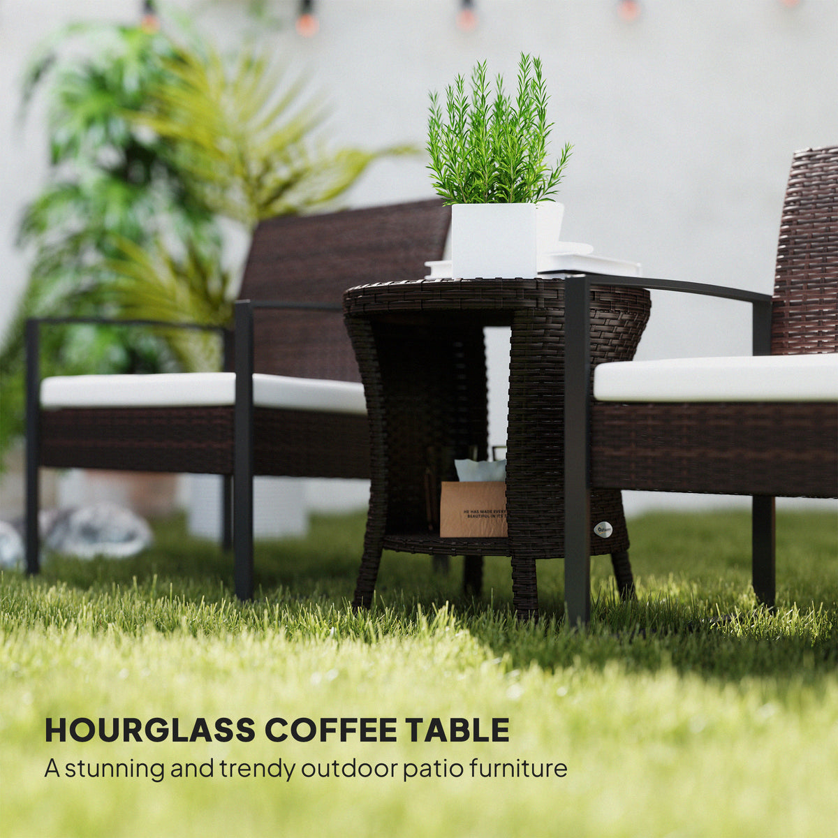 18 Wicker Outdoor Coffee Table, PE Rattan Patio Side Table With 2-Tier Storage, Composite Wood Top, Mixed Brown