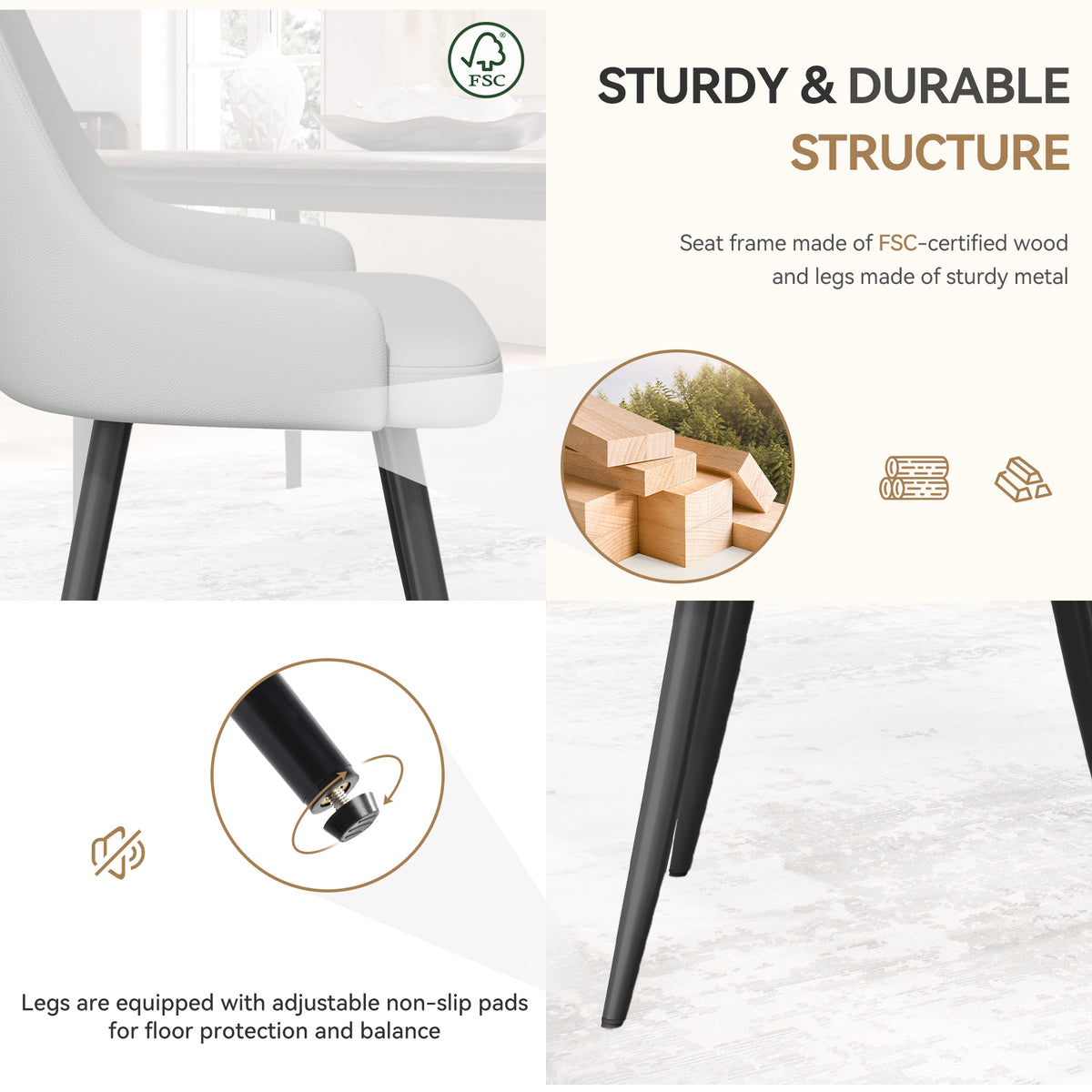 Modern Dining Chairs Set Of 2, Faux Leather Upholstered Dining Room Chairs With Widened Seat, Armless Side Chairs With Metal Legs