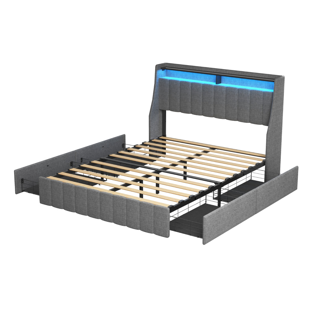 Queen Size Bed Frame With LED, Storage Drawers, Wings Headboard - Light Gray
