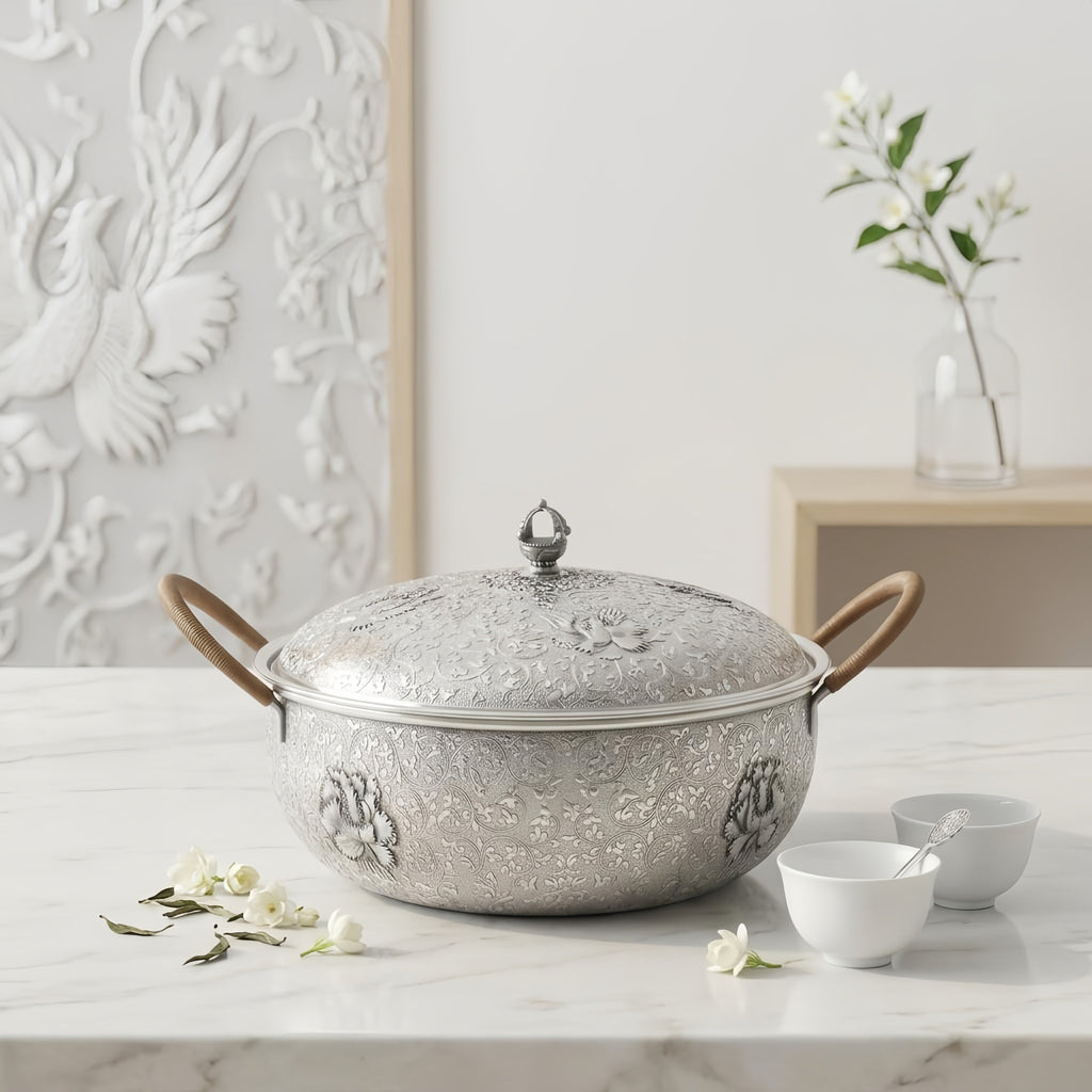 Pure 999 Fine Silver Exquisite Handcrafted Silver Serving Bowl with Ornate Floral Engravings and Woven Handles - Handicraft