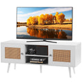 Rattan TV Stand, Boho TV Cabinet For 55 Inch TV, Mid Century Modern TV Stand, Rattan TV Console With Adjustable Shelfs For  Living Room, Media Room, White