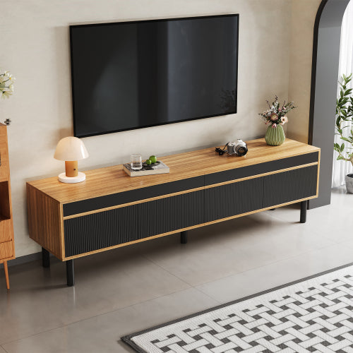 TV Cabinet, TV Table, TV Panel, Low Cabinet With Four Doors. Fine Texture. Black And Wood Color.