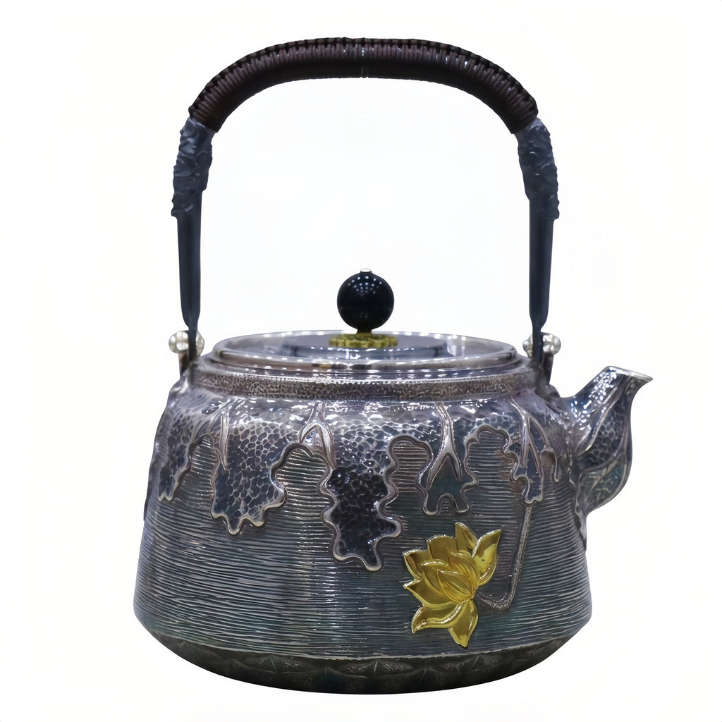 Pure 999 Fine Silver Exquisite Silver-Toned Lotus Teapot with Hammered Texture and Woven Handle - Handicraft
