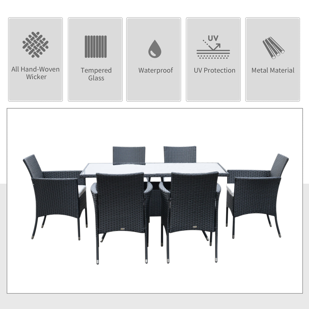 6 Seater Rattan Dining Set With Cushions, Rattan Garden Furniture Set With 6 Armchairs, Rectangular Glass Top Table, Outdoor Dining Table And Chairs, Black