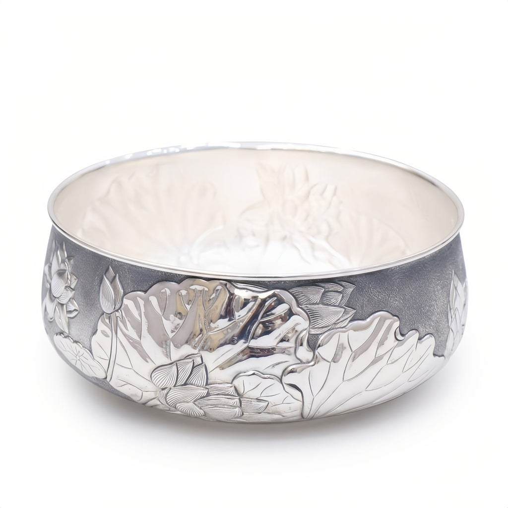 925 Sterling Silver Elegant Handcrafted Silver Lotus Relief Decorative Bowl - Handicraft