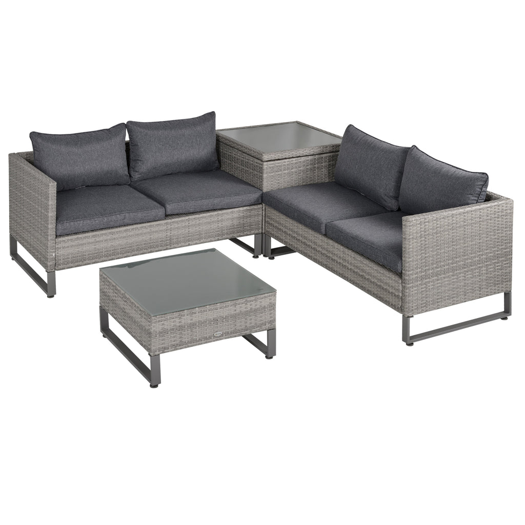 4 Pieces Rattan Garden Furniture Set, 4 Seater Garden Sofa Set With Storage Box, Loveseats And Glass Top Table, Wicker Outdoor Conservatory Furniture With Cushions For Outdoor, Patio, Grey