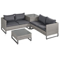 4 Pieces Rattan Garden Furniture Set, 4 Seater Garden Sofa Set With Storage Box, Loveseats And Glass Top Table, Wicker Outdoor Conservatory Furniture With Cushions For Outdoor, Patio, Grey