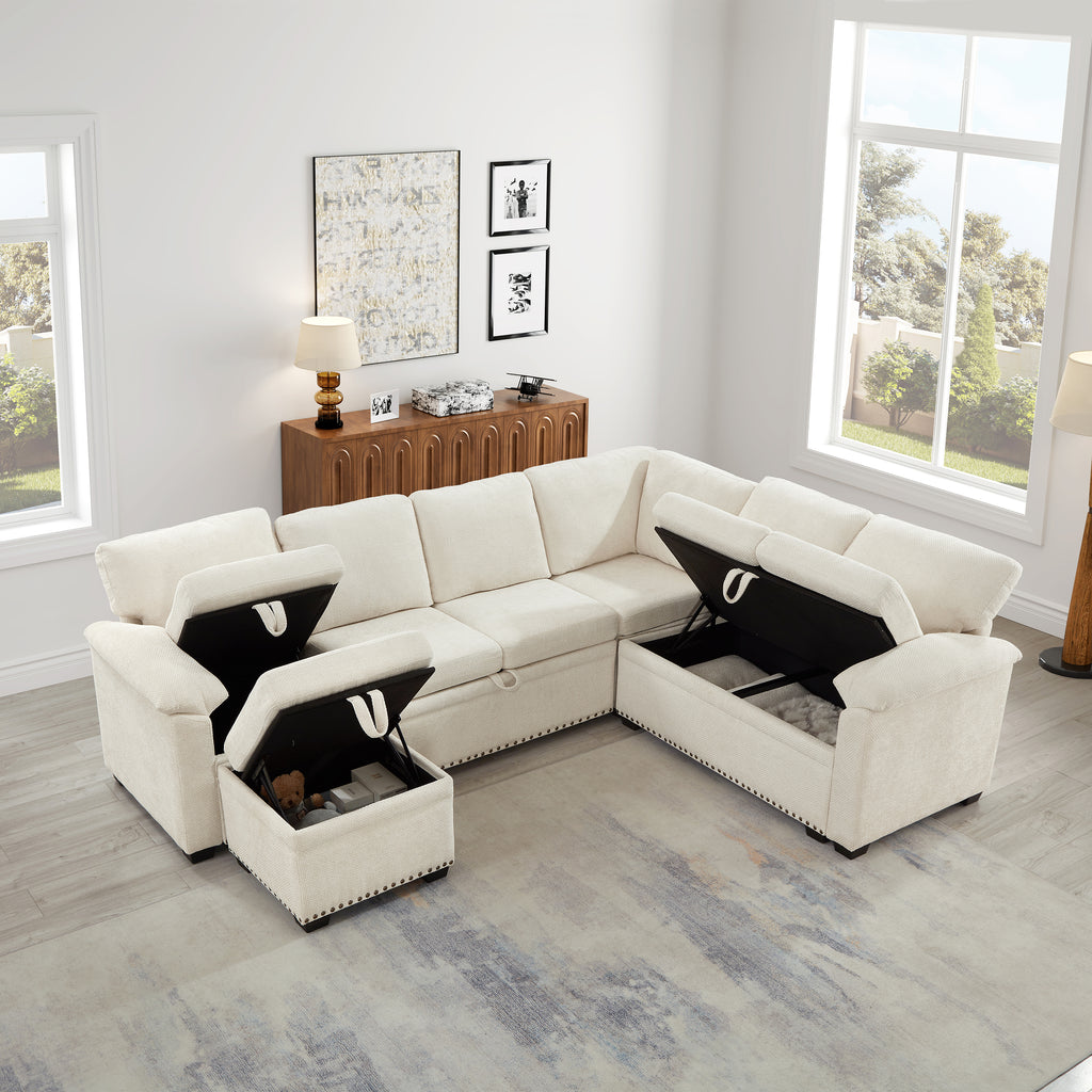 97 Inch L-Shaped Corner Sectional Sofa Couch With Seat And Storage Ottoman,Chenille Fabric Corner Couch With 7 Seats & 2 Pillows For Living Room, Beige