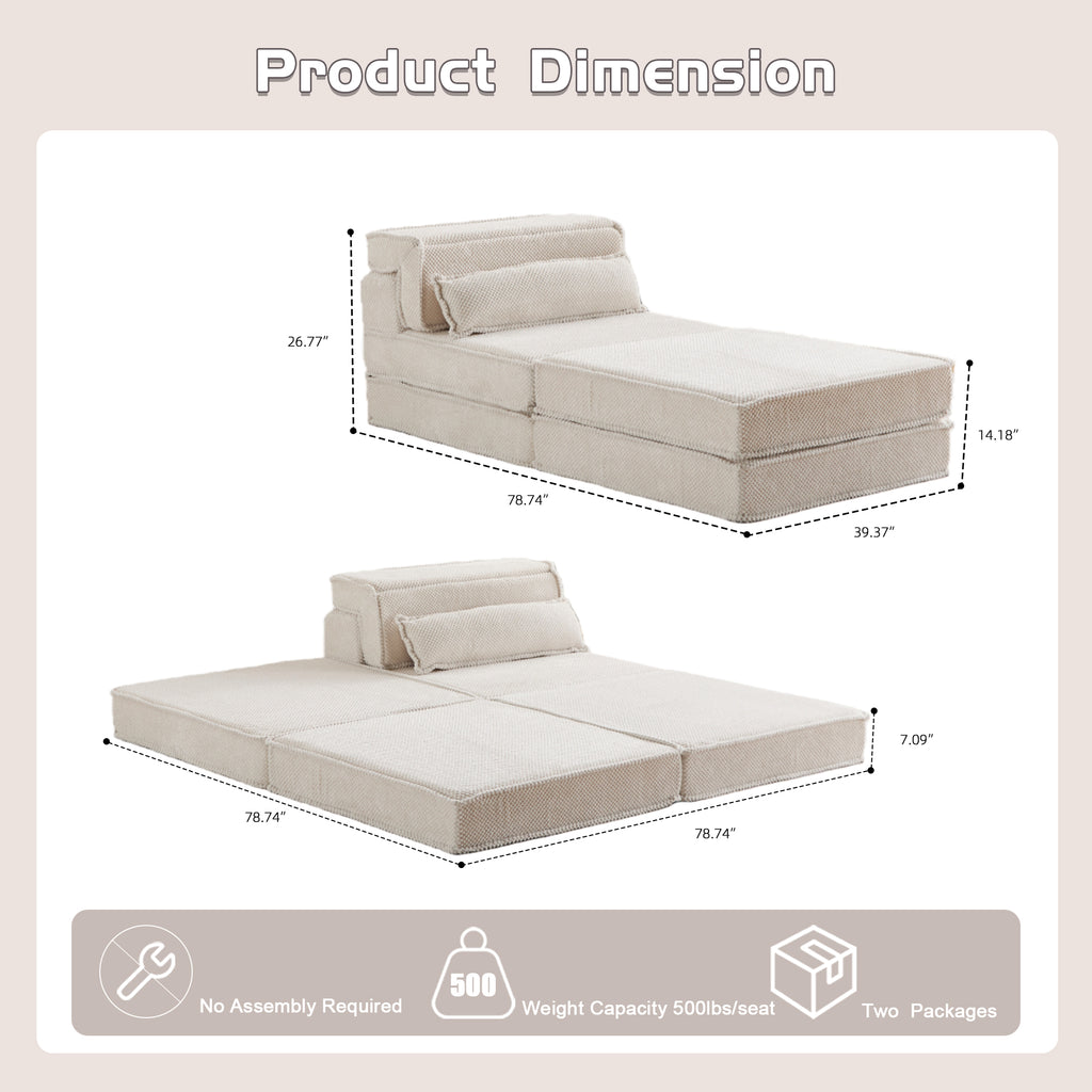 Compression Mahjong Sofa,Convertible Floor Sofa Bed,DIY Boneless Modular Sectional Sofa,No Assembly Required,Circle Fleece Fabric,Oversized Single Seater With 1 Pillow And 1 Ottoman,White